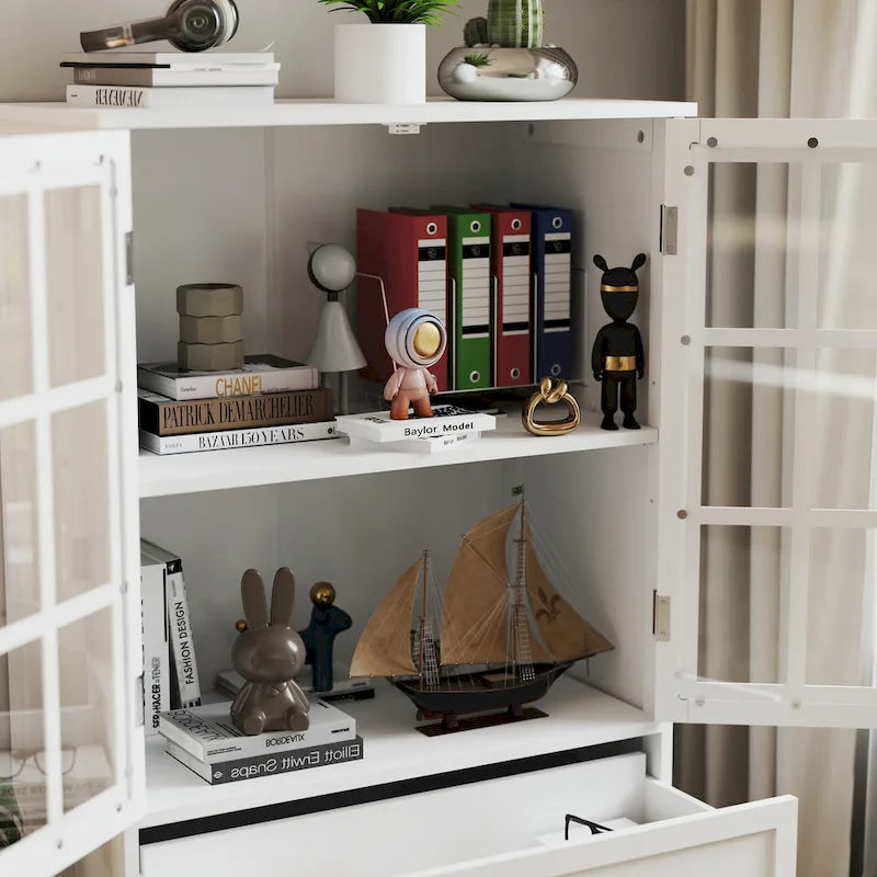 Minimalist Buffet Cabinet with Double Glass Doors and Drawer, Wooden Storage Sideboard Cupboard for Living room, Hallway