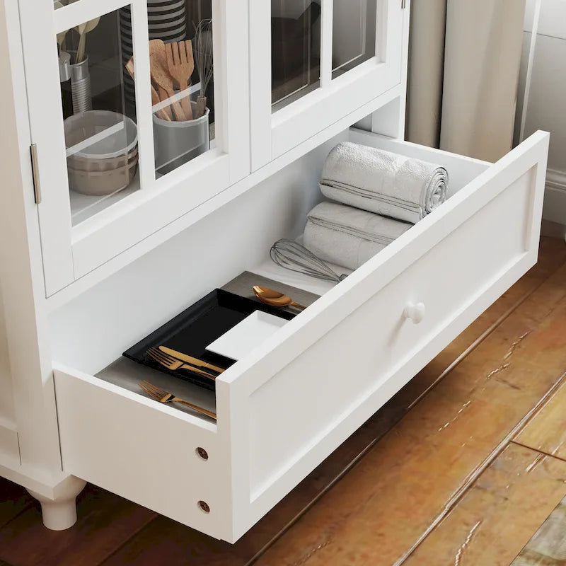 Minimalist Buffet Cabinet with Double Glass Doors and Drawer, Wooden Storage Sideboard Cupboard for Living room, Hallway