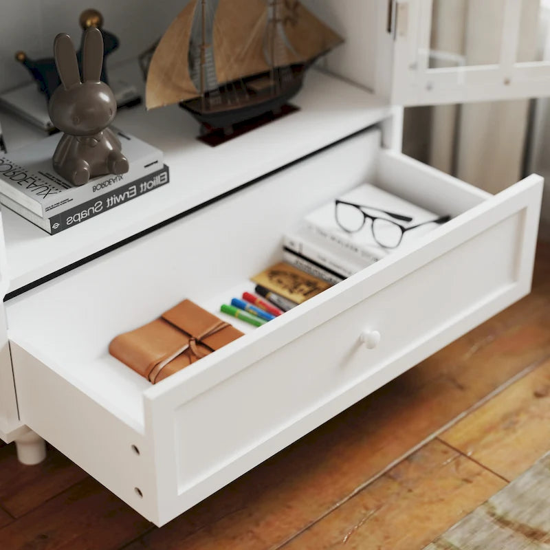 Minimalist Buffet Cabinet with Double Glass Doors and Drawer, Wooden Storage Sideboard Cupboard for Living room, Hallway