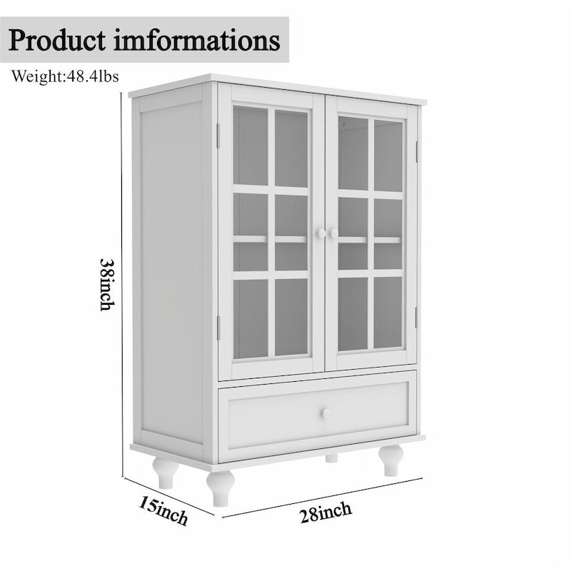 Minimalist Buffet Cabinet with Double Glass Doors and Drawer, Wooden Storage Sideboard Cupboard for Living room, Hallway