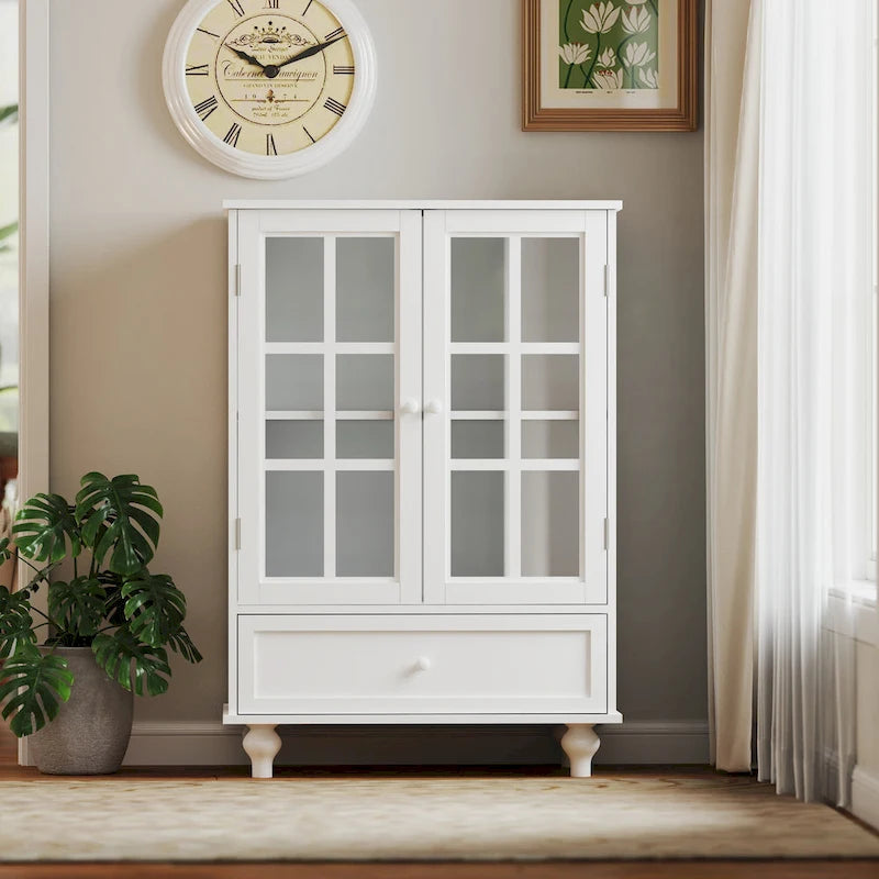 Minimalist Buffet Cabinet with Double Glass Doors and Drawer, Wooden Storage Sideboard Cupboard for Living room, Hallway