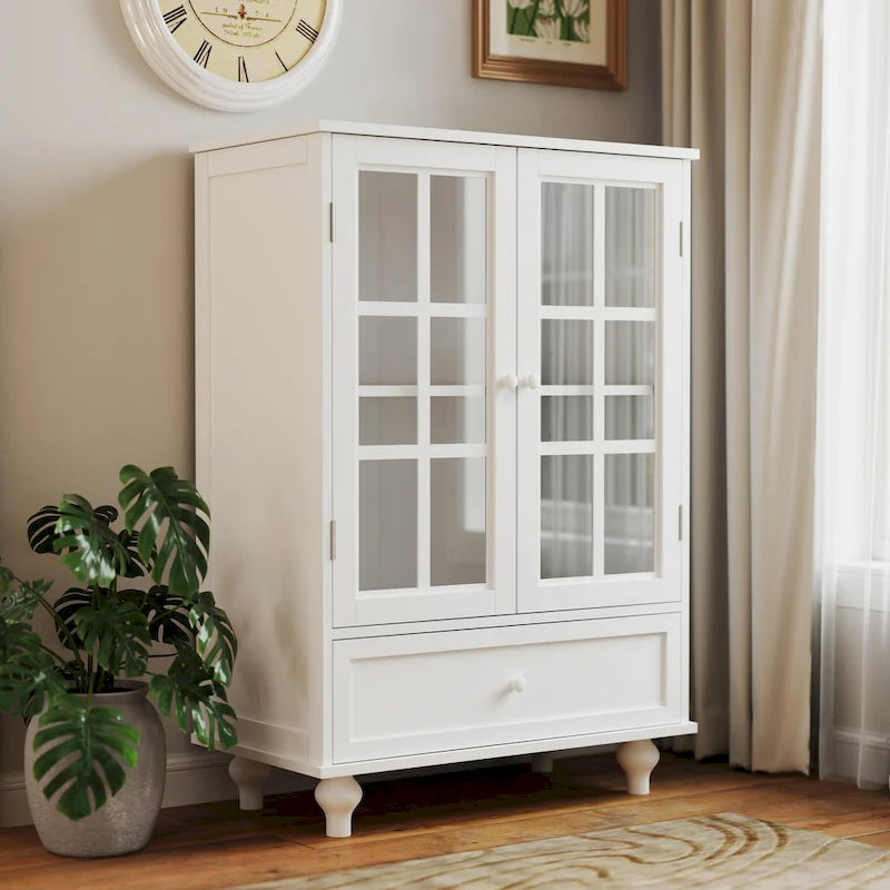 Minimalist Buffet Cabinet with Double Glass Doors and Drawer, Wooden Storage Sideboard Cupboard for Living room, Hallway