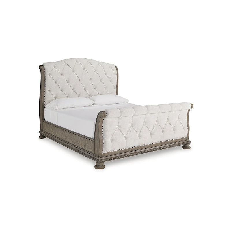 Light Brown Upholstered Sleigh Bed