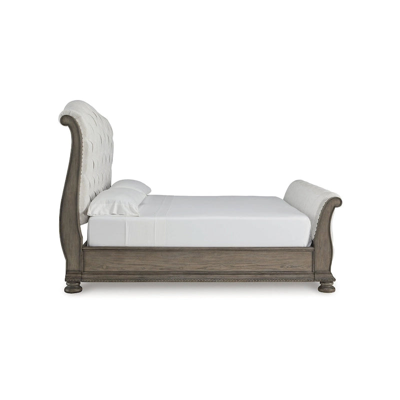 Light Brown Upholstered Sleigh Bed