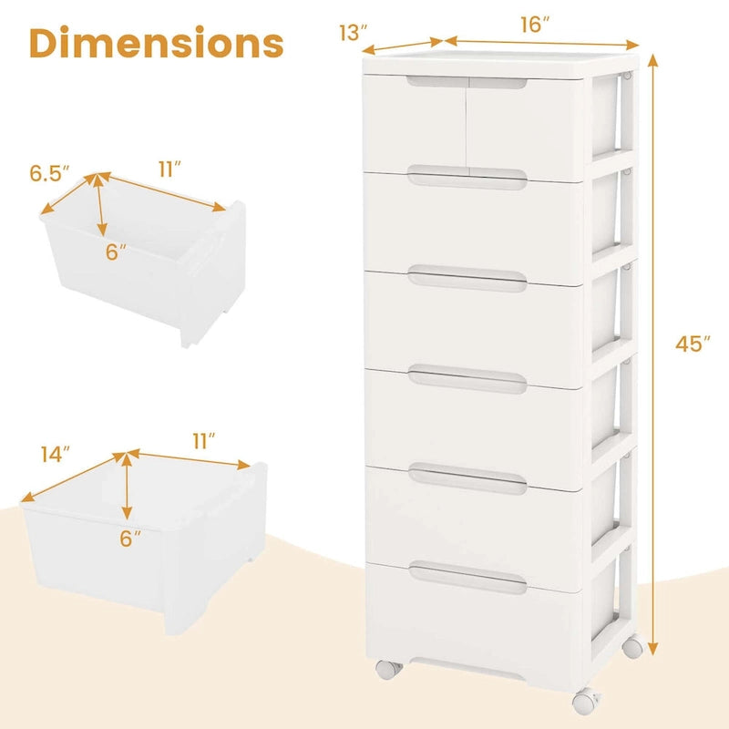 7-Drawer Plastic Rolling Storage Cart with Lockable Wheels