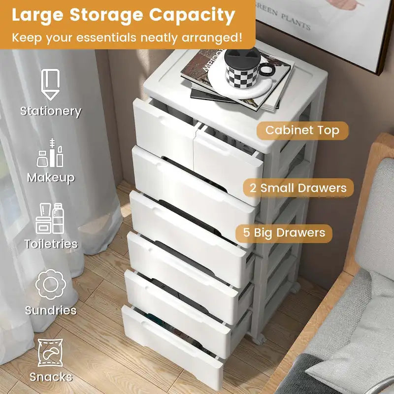 7-Drawer Plastic Rolling Storage Cart with Lockable Wheels