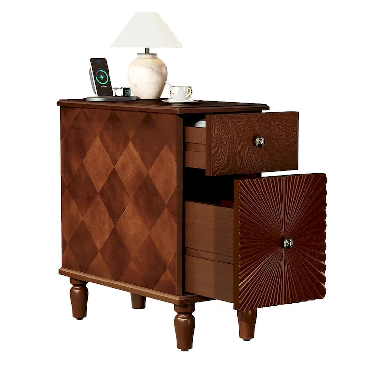 2 Drawer Modern Sofa Side Table, Solid Wood Narrow Side Table, Slim Nightstand for Living Room, Bedroom