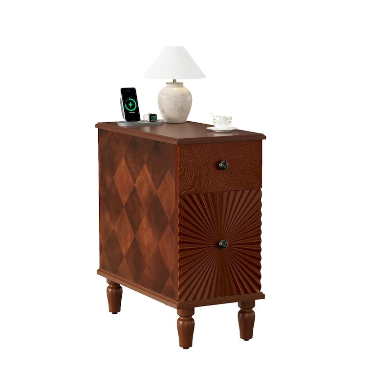 2 Drawer Modern Sofa Side Table, Solid Wood Narrow Side Table, Slim Nightstand for Living Room, Bedroom