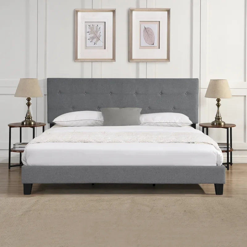 King Platform Bed with Button-Tufted Fabric Headboard