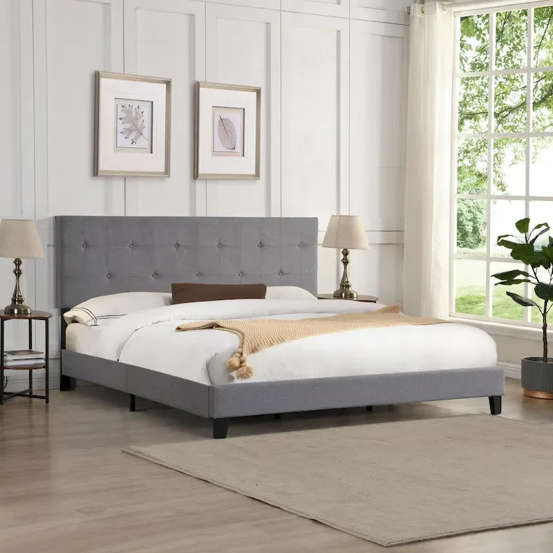 King Platform Bed with Button-Tufted Fabric Headboard