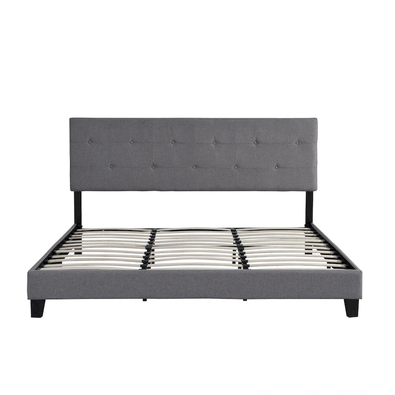 King Platform Bed with Button-Tufted Fabric Headboard