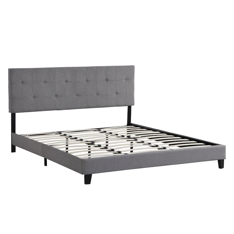King Platform Bed with Button-Tufted Fabric Headboard