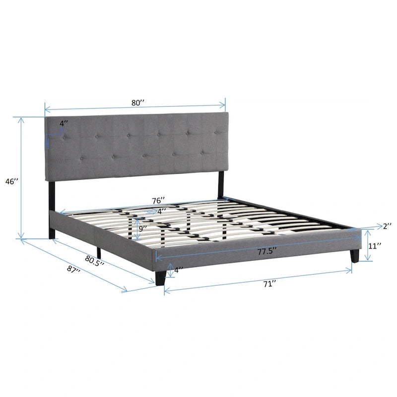 King Platform Bed with Button-Tufted Fabric Headboard