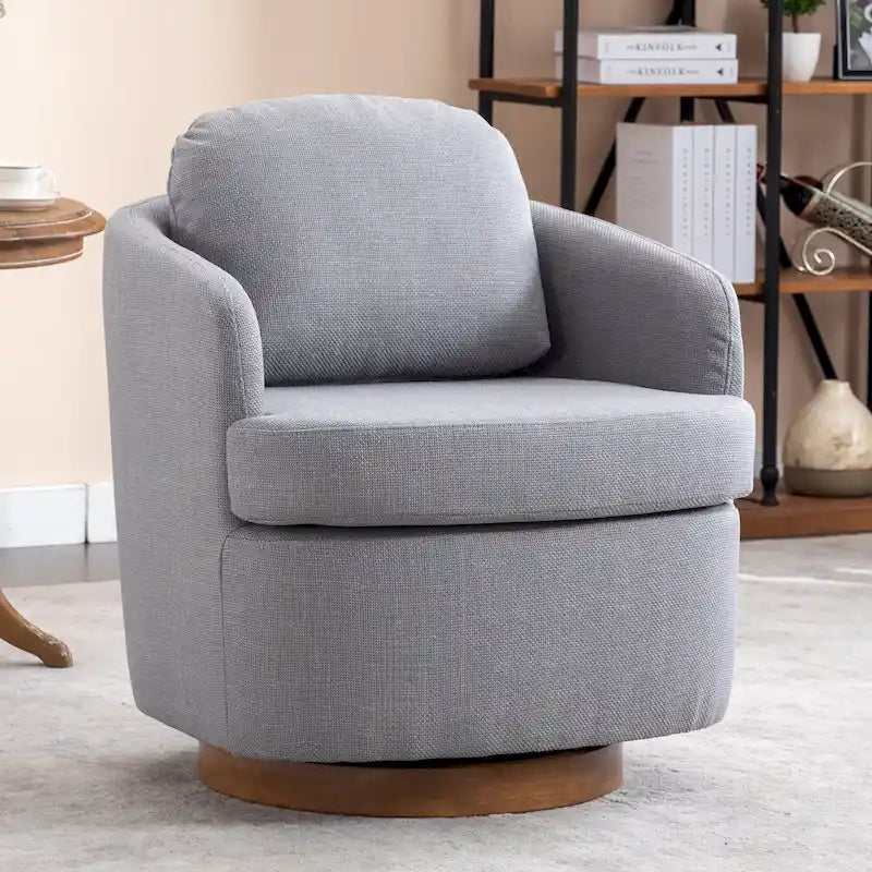 Light Blue Swivel Accent Chair with Brown Wood Base