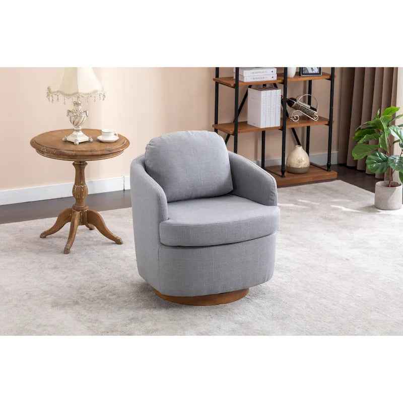 Light Blue Swivel Accent Chair with Brown Wood Base