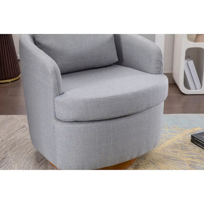 Poltrona decorativa girevole azzurra con base in legno marrone