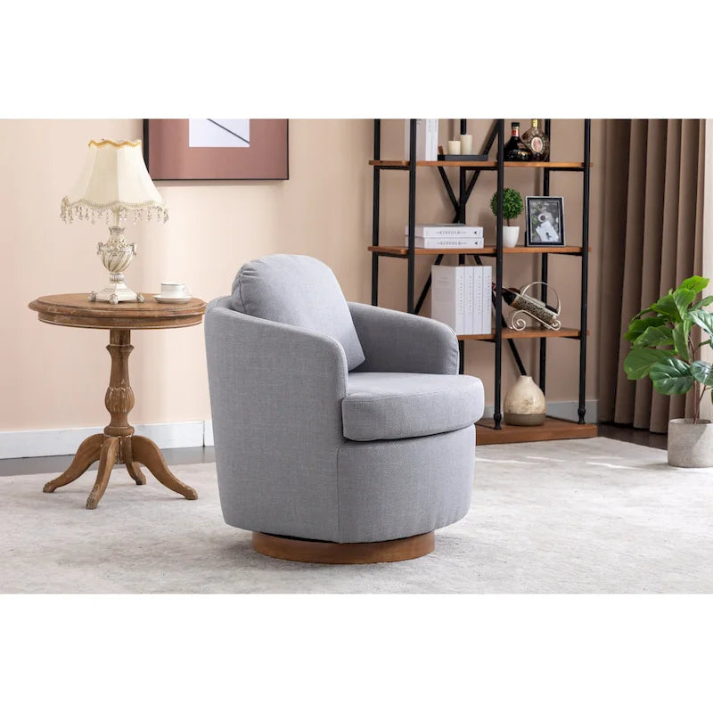 Poltrona decorativa girevole azzurra con base in legno marrone