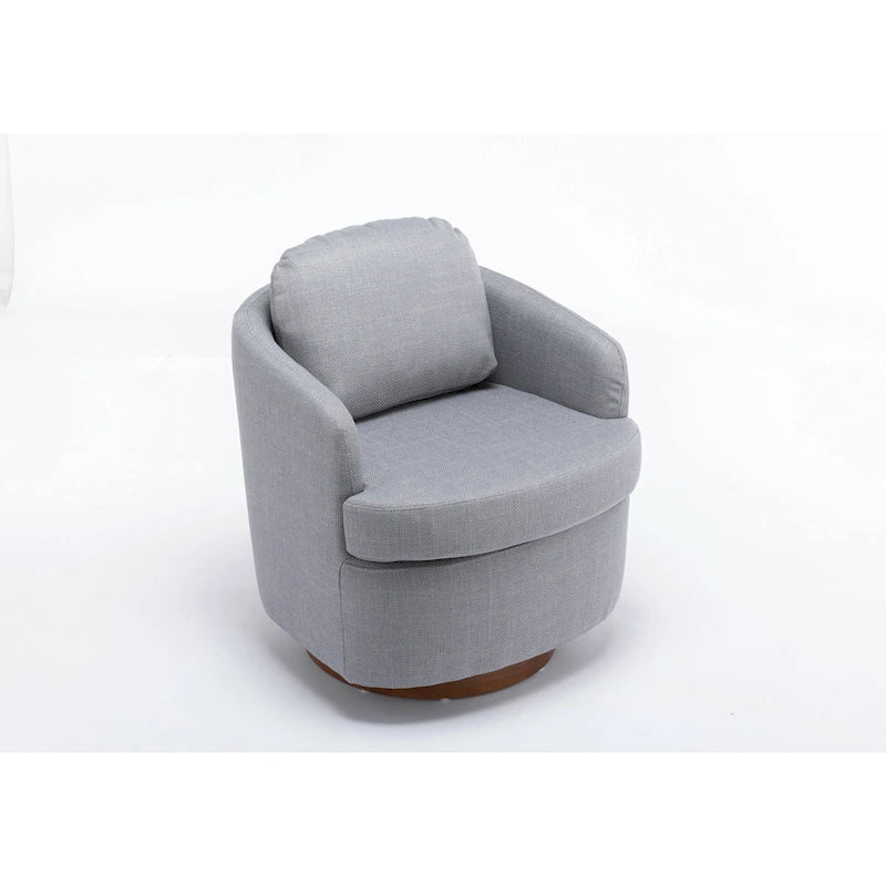 Poltrona decorativa girevole azzurra con base in legno marrone
