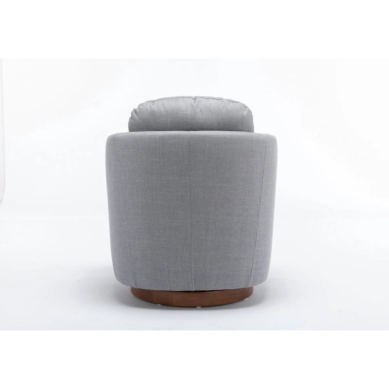 Poltrona decorativa girevole azzurra con base in legno marrone