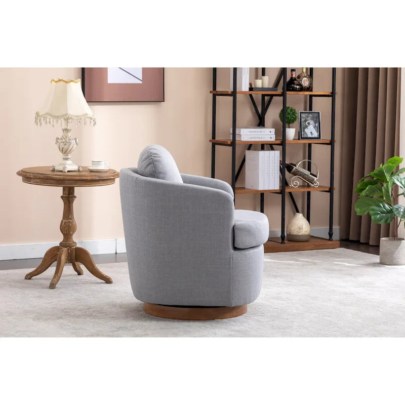 Poltrona decorativa girevole azzurra con base in legno marrone