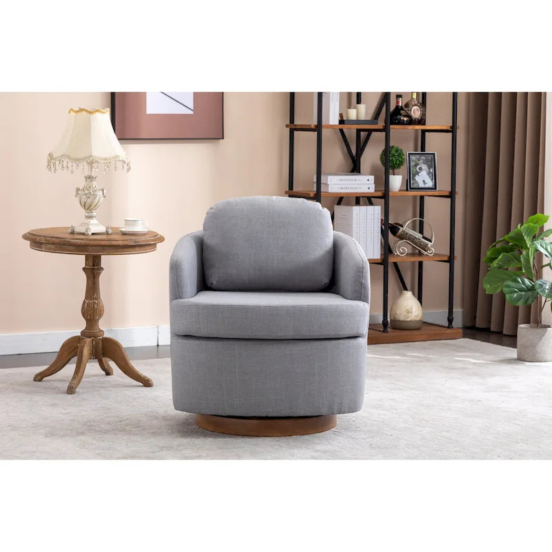 Poltrona decorativa girevole azzurra con base in legno marrone
