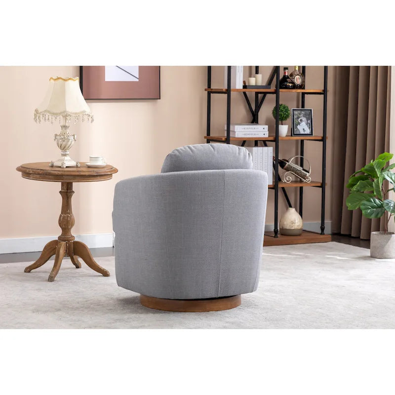 Poltrona decorativa girevole azzurra con base in legno marrone