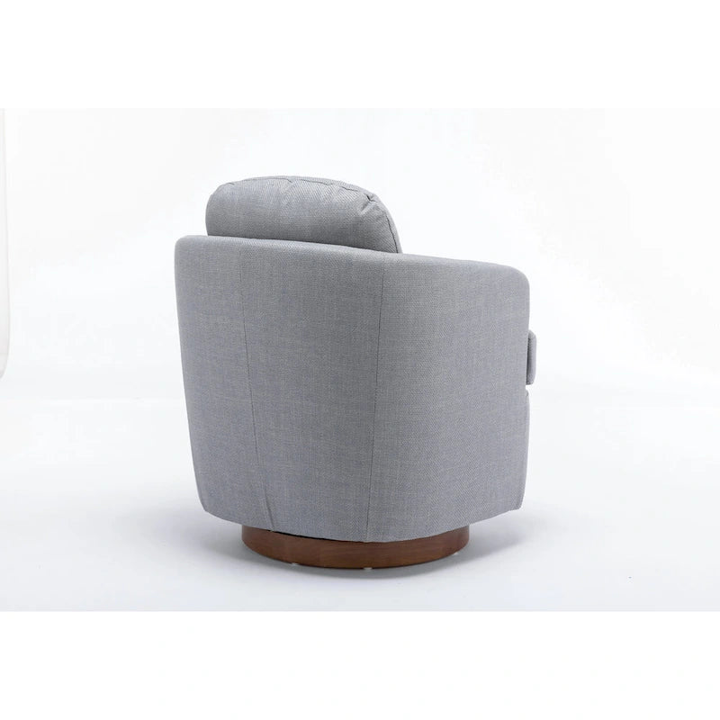 Poltrona decorativa girevole azzurra con base in legno marrone