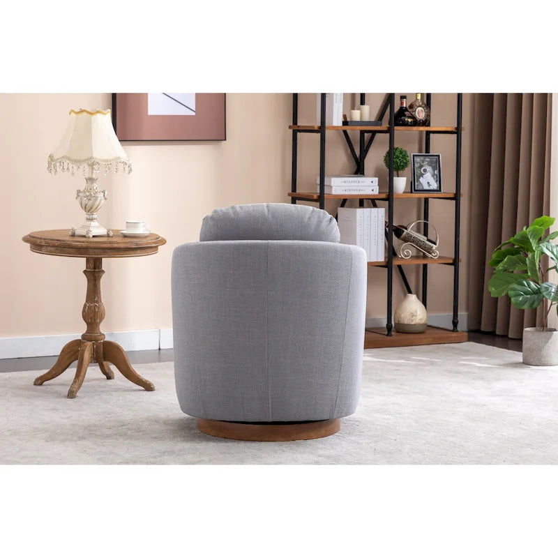Poltrona decorativa girevole azzurra con base in legno marrone