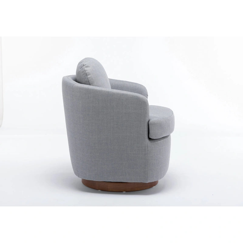 Poltrona decorativa girevole azzurra con base in legno marrone