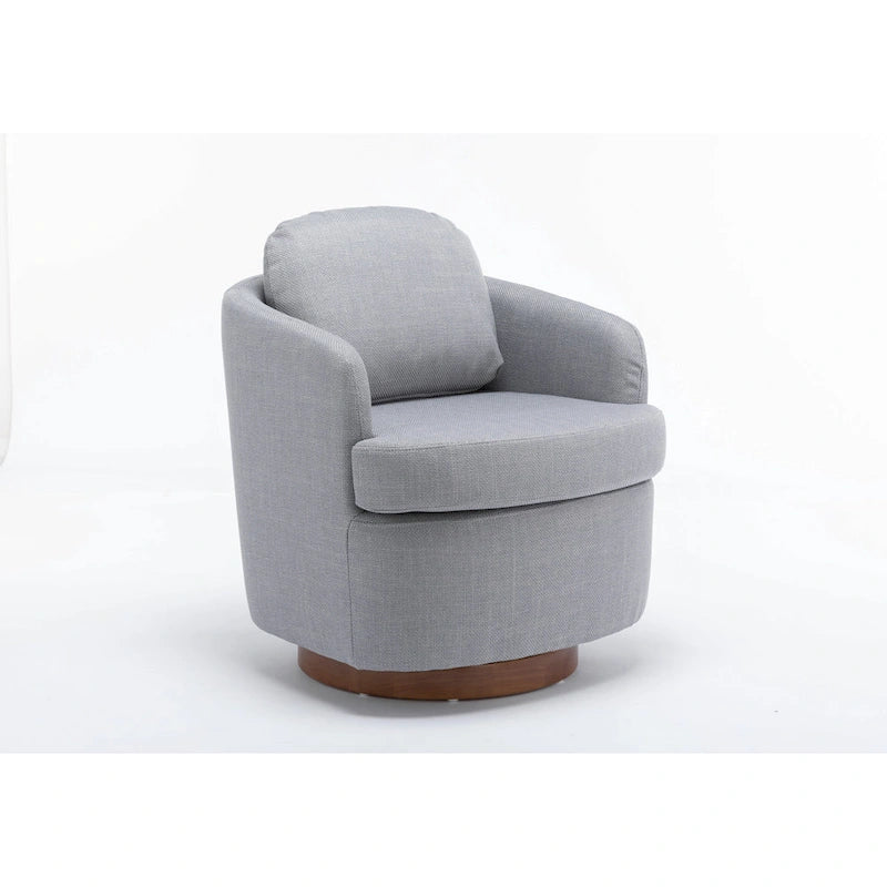 Poltrona decorativa girevole azzurra con base in legno marrone