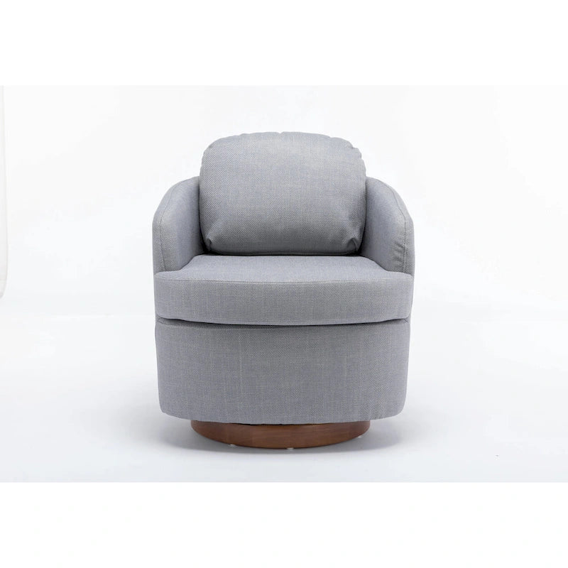 Poltrona decorativa girevole azzurra con base in legno marrone