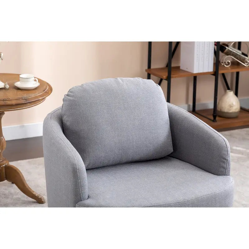 Poltrona decorativa girevole azzurra con base in legno marrone