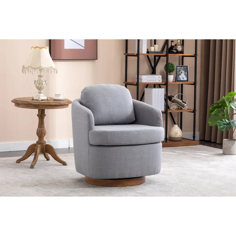 Poltrona decorativa girevole azzurra con base in legno marrone