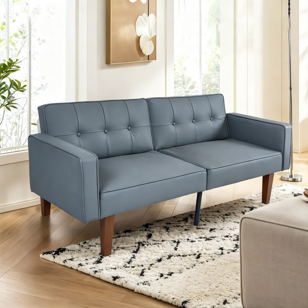 Futon Sofa Bed with Tufted Back and Wood Legs