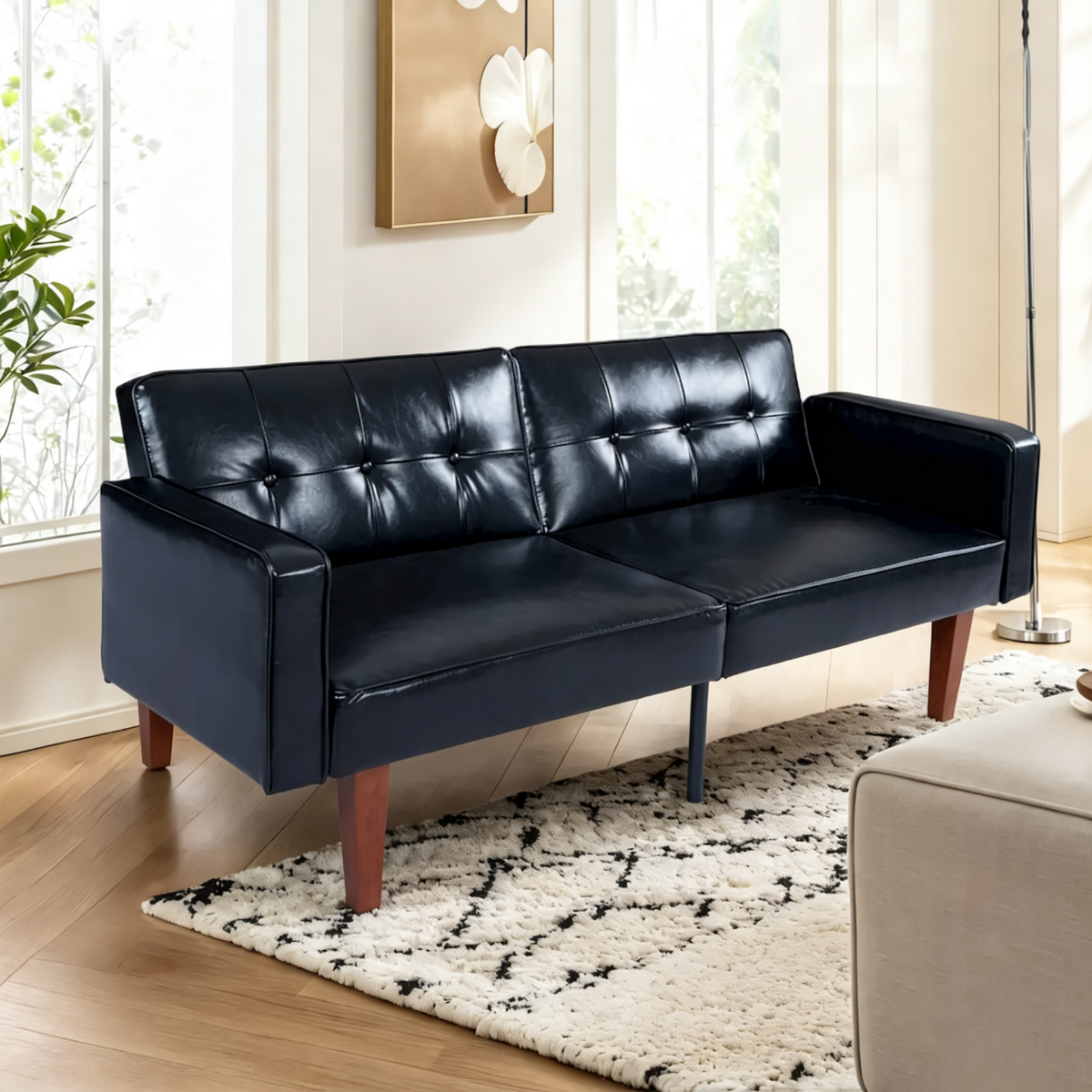 Futon Sofa Bed with Tufted Back and Wood Legs