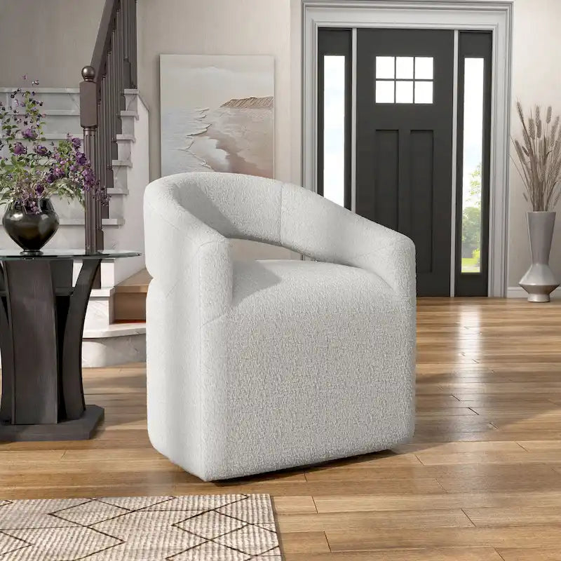 Round Bouclé Swivel Barrel Accent Chair with Curved Arms