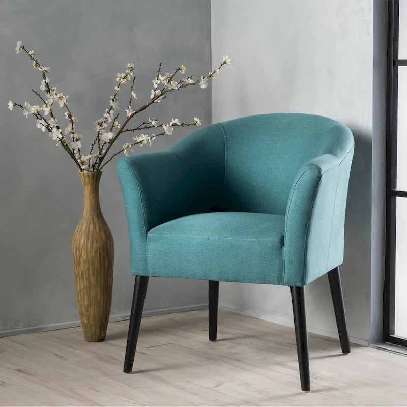 Upholstered Fabric Armchair with Curved Arms and Black Legs