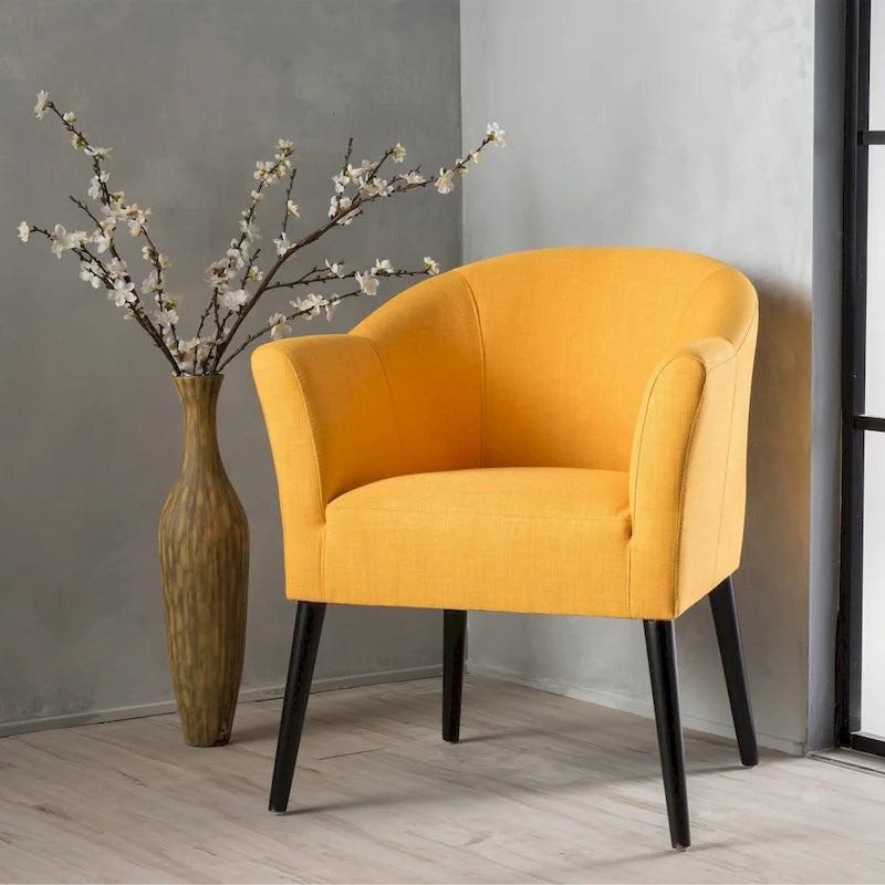 Upholstered Fabric Armchair with Curved Arms and Black Legs