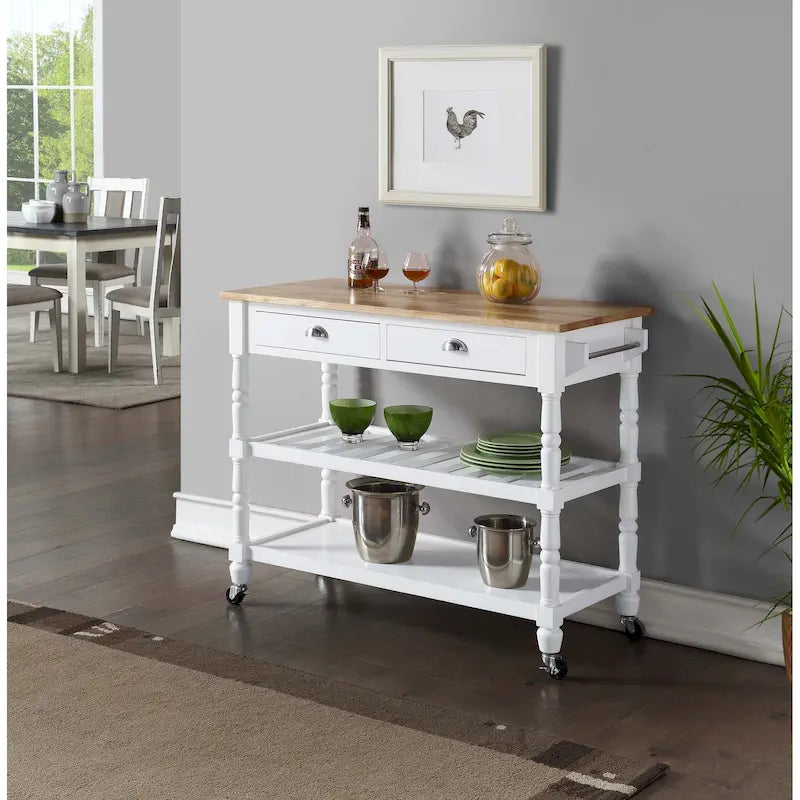 French Country Butcher Block Kitchen Cart with Drawers and Shelves