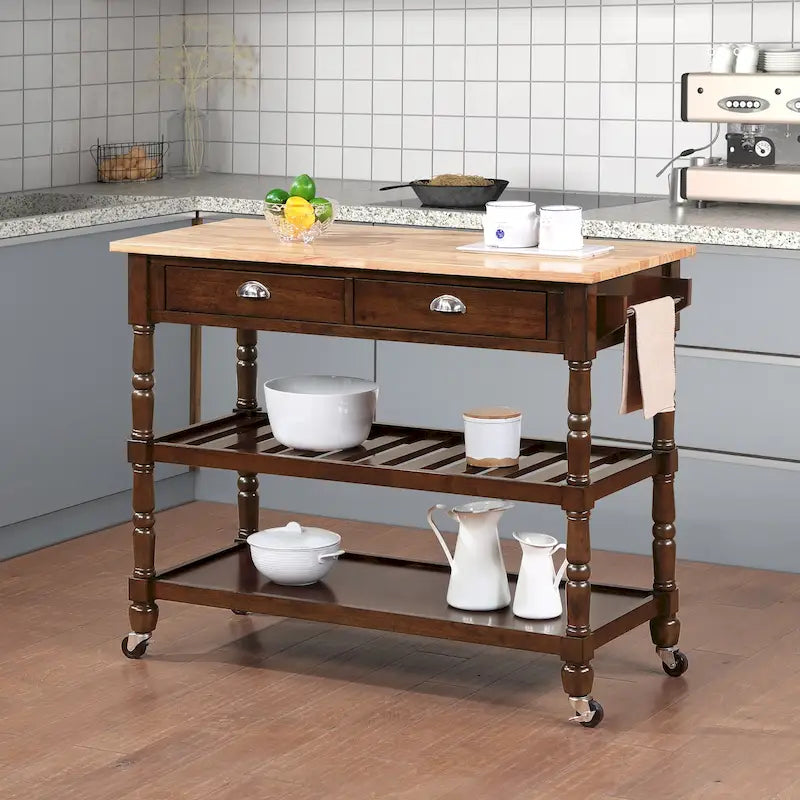 French Country Butcher Block Kitchen Cart with Drawers and Shelves