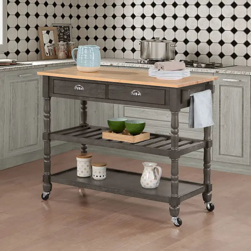 French Country Butcher Block Kitchen Cart with Drawers and Shelves