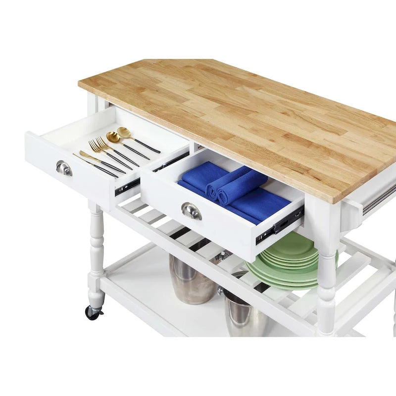 French Country Butcher Block Kitchen Cart with Drawers and Shelves