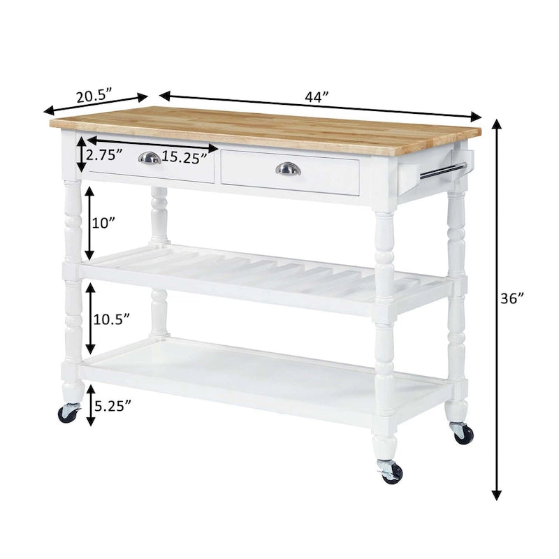 French Country Butcher Block Kitchen Cart with Drawers and Shelves