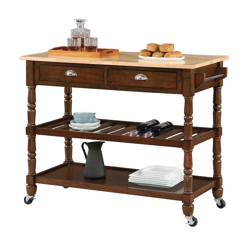 French Country Butcher Block Kitchen Cart with Drawers and Shelves