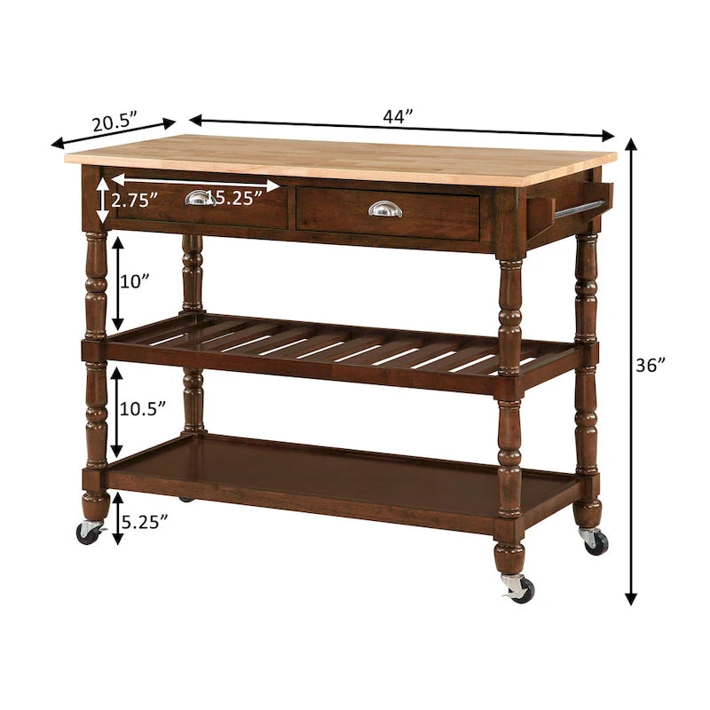 French Country Butcher Block Kitchen Cart with Drawers and Shelves