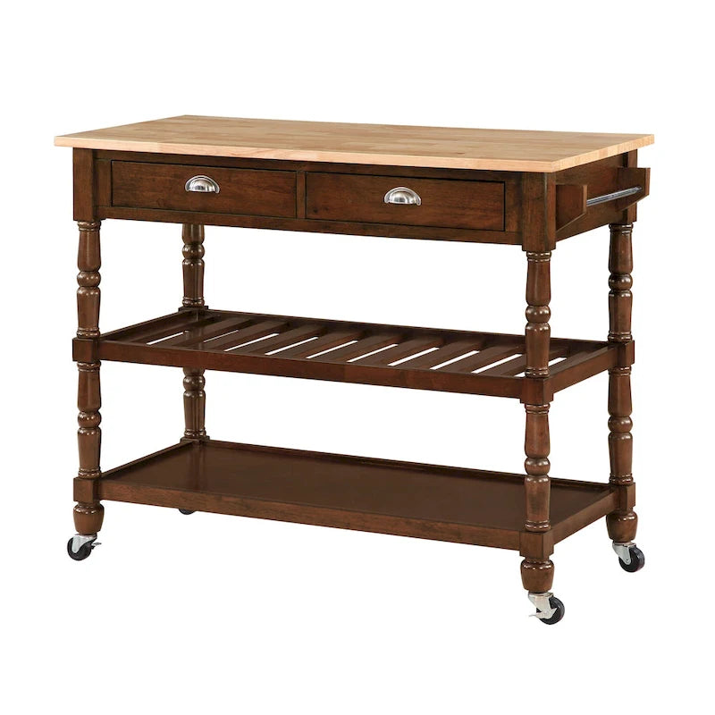 French Country Butcher Block Kitchen Cart with Drawers and Shelves
