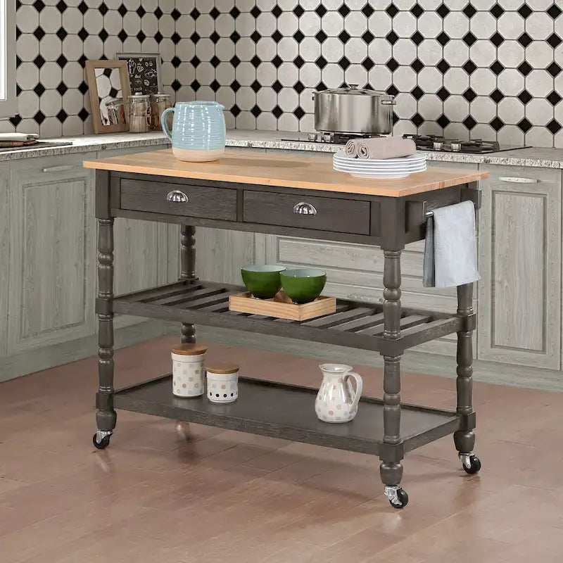 French Country Butcher Block Kitchen Cart with Drawers and Shelves
