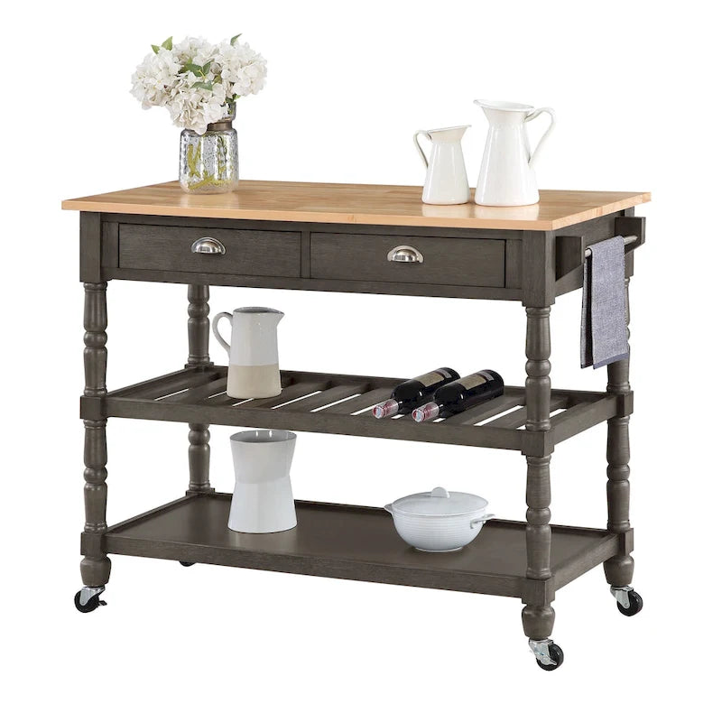 French Country Butcher Block Kitchen Cart with Drawers and Shelves