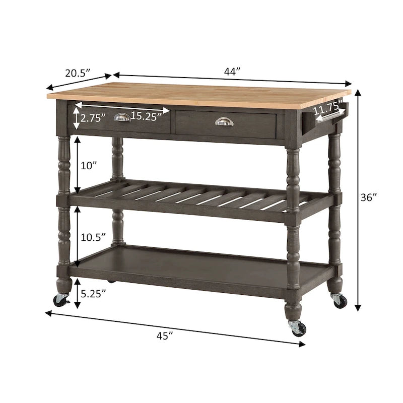 French Country Butcher Block Kitchen Cart with Drawers and Shelves