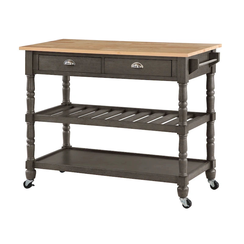 French Country Butcher Block Kitchen Cart with Drawers and Shelves